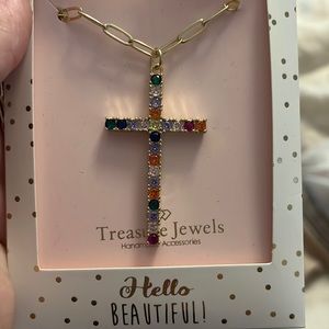 Rainbow Cross adjustable necklace- metal is gold colored